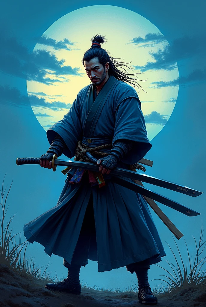 Miyamoto Musashi with his swords drawn ready to fight and a blue sunset in the background