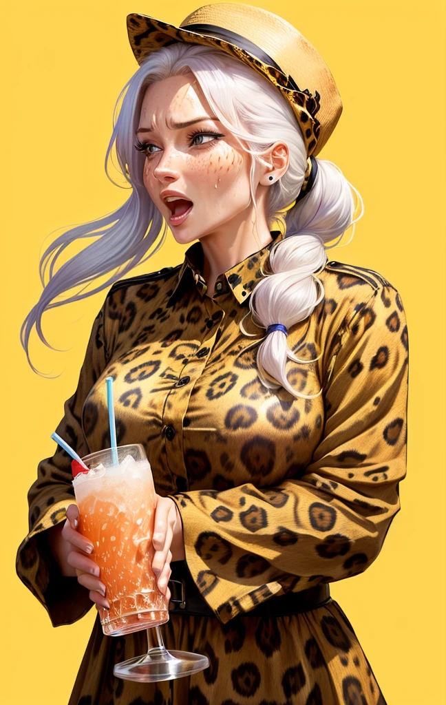 Close-up of a 40-year-old woman wearing a leopard print shirt and hat, Please draw an illustration of a cute girl shouting while holding a drink. Sweat. very hot . summer .Her hair color is white. Her eye color is blue. Her hairstyle is a ponytail . She is in uniform. She's on the cliff . She puts one foot in front of the other.