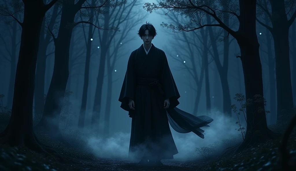 Japanese man in black kimono in the forest at night々Matrix of、Overall color:Blue Dark