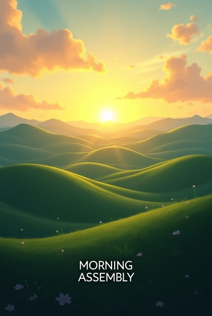 Morning Sun rising from hills the text 'MORNING ASSEMBLY" is under the hills