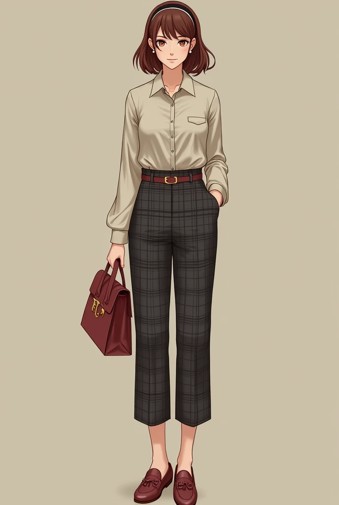 . Classic and Preppy
Top: Collared shirt or a fitted sweater.
Bottom: Plaid skirt or tailored pants.
Shoes: Loafers or ballet flats.
Accessories: A headband, pearl earrings, and a structured handbag.