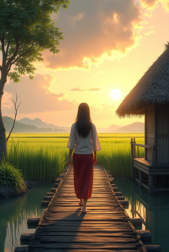 (photorealism:1.2), This image shows a peaceful rural setting, perhaps at sunrise or sunset. The warm light of the sun gently illuminates the landscape. A dark-haired, traditionally dressed Asian woman is walking across a narrow wooden bridge made of planks placed on parallel beams, stretching in front of her and leading to a traditional hut with a thatched roof on the right. The hut is slightly raised above the ground, perhaps on stilts. To the left of the bridge is a tall tree standing near what appears to be a body of water reflecting the colors of the sky. The background shows vast rice fields stretching to the horizon under a wide sky with scattered clouds.