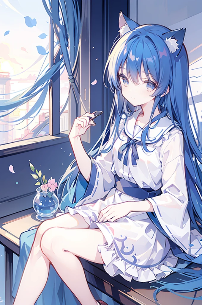 （masterpiece：1.2），Super detailed，lifelike，Expressive eyes，fair skin，perfect face shape，1 girl，
Japanese comics,Gorgeous blue hair,flowing blue hair,flowing clothes,Cat ears,Petals fall,beautiful lola,Baby Angel,
Shaking head with one hand，Cross your legs，，The pavilion is cool and comfortable,smile,back views,sunrise,Petals fall,sunrise，sitting on window sill drinking coffee and looking out the window。