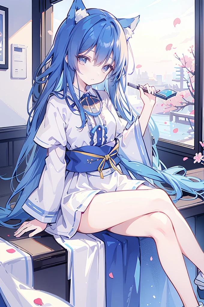 （masterpiece：1.2），Super detailed，lifelike，Expressive eyes，fair skin，perfect face shape，1 girl，
Japanese comics,Gorgeous blue hair,flowing blue hair,flowing clothes,Cat ears,Petals fall,beautiful lola,Baby Angel,
Shaking head with one hand，Cross your legs，，The pavilion is cool and comfortable,smile,back views,sunrise,Petals fall,sunrise，sitting on window sill drinking coffee and looking out the window。