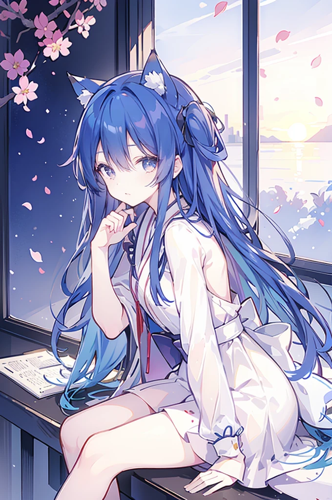 （masterpiece：1.2），Super detailed，lifelike，Expressive eyes，fair skin，perfect face shape，1 girl，
Japanese comics,Gorgeous blue hair,flowing blue hair,flowing clothes,Cat ears,Petals fall,beautiful lola,Baby Angel,
Shaking head with one hand，Cross your legs，，The pavilion is cool and comfortable,smile,back views,sunrise,Petals fall,sunrise，sitting on window sill drinking coffee and looking out the window。