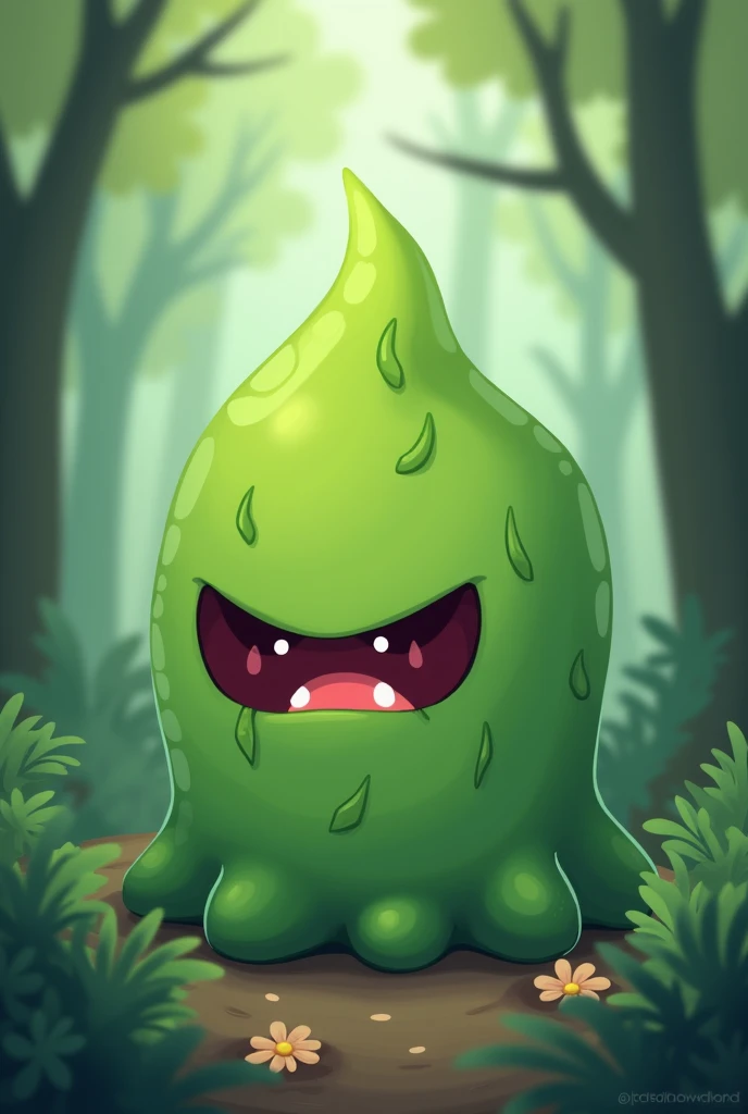 Create a head-only, minimalist, cute chibi-style portrait of a forest-themed slime character with angry emotion. The character should have a leafy or forest-like texture, inspired by the style of the previous designs, and incorporate elements of the forest environment in the background. No text or watermarks.