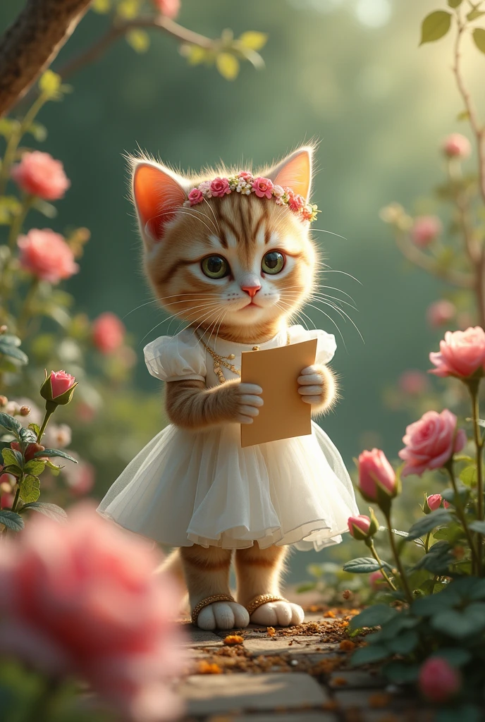 The cat passed through the forest and arrived at a hidden garden. It has changed into a small white formal dress, with a floral crown on its head and delicate little shoes on its feet. The garden is in full bloom, and the cat stops by a blossoming rose, holding the letter that now seems to reveal the garden’s secret.