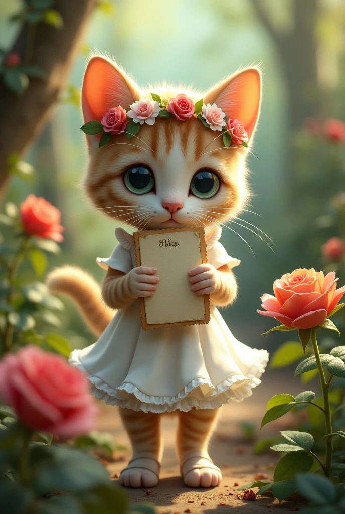 The cat passed through the forest and arrived at a hidden garden. It has changed into a small white formal dress, with a floral crown on its head and delicate little shoes on its feet. The garden is in full bloom, and the cat stops by a blossoming rose, holding the letter that now seems to reveal the garden’s secret.