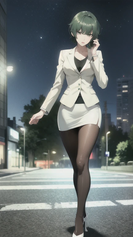 anime、A park in an office district at night、Woman Standing Alone、((Green short hair))、((White short jacket))、Black underwear、Black leather tight skirt、Slender figure、White high heels、Listening to music through earphones、The wind is blowing、
