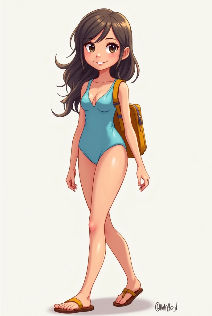 Draw a female elementary school student on her way to school and dress her in a swimsuit.