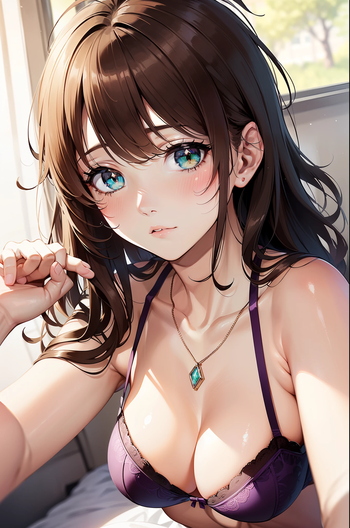 ((nsfw:1.4, masterpiece, best quality, highres, UHD, perfect pixel, depth of field, 4k, RTX, HDR))), 1girl, single, solo, beautiful anime girl, beautiful artstyle, anime character, ((long hair, bangs, brown hair, messy hair:1.6)), ((detailed eyes, anime style eyes, beautiful eyes, sparkling eyes, green eyes, realistic eyes, curly eyelashes)), ((detailed face, blushing:1.2)), ((smooth texture:0.75, realistic texture:0.5, anime CG style)), ((medium breasts, cleavage)), indoor, bedroom, dynamic angle, busty, perfect body, dynamic pose, armpit, hands up, ((fall asleep on the bed, supine, sleepy, open eyes, laying on bed)), ((close up, POV, cute, shot on face, sighing expression, wake up)), ((purple bra color, purple lingerie, single diamond necklace)), (natural light, light reflection, morning)