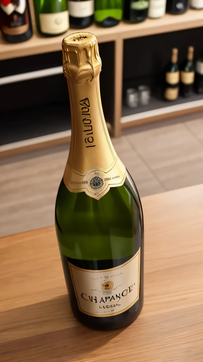 Champagne bottle、Coming towards us、Angle from above