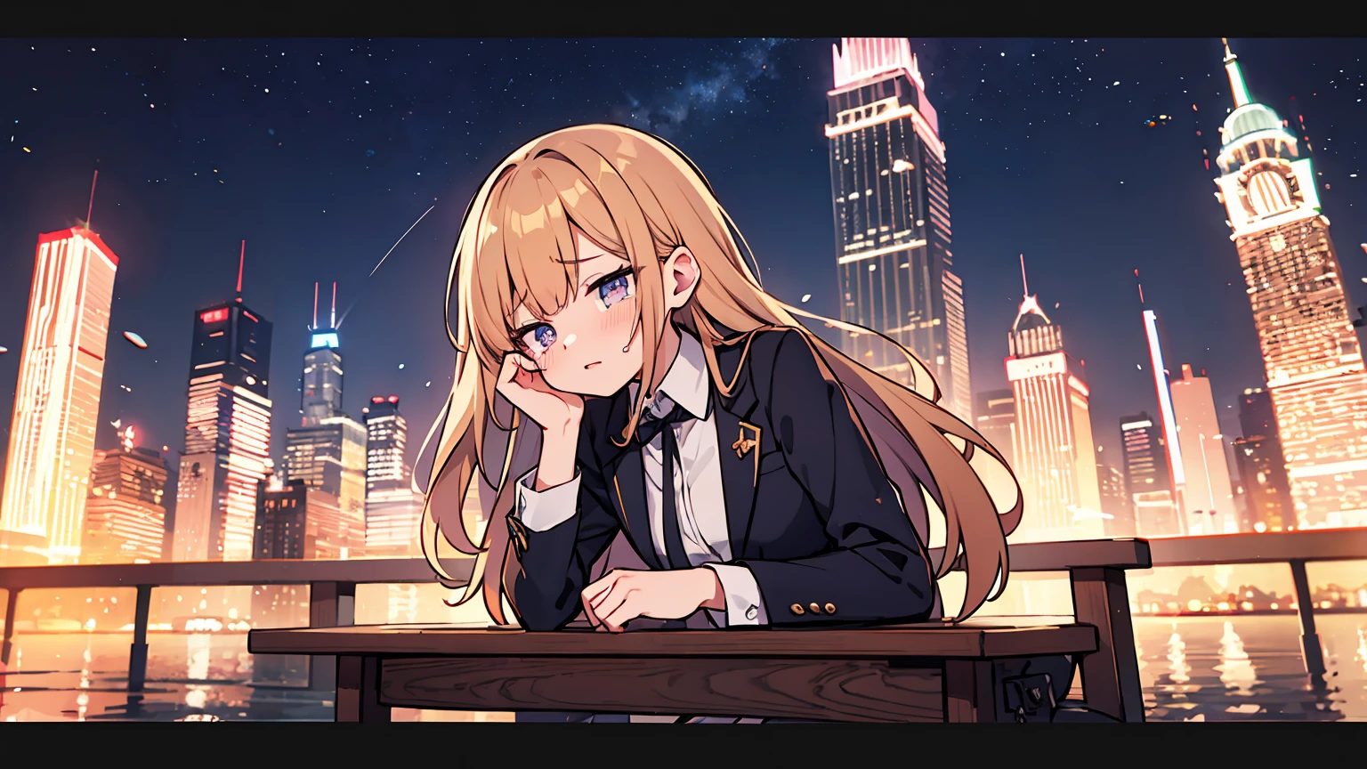 (masterpiece, best quality),1 woman,letterboxed, perfection of fashion,Burton lips, suit,upper body, side,park bench with lake,Sitting on a chair and crying,The sadness of heartbreak,Shedding tears,Night view of Dubai Tower, Full of neon signs
