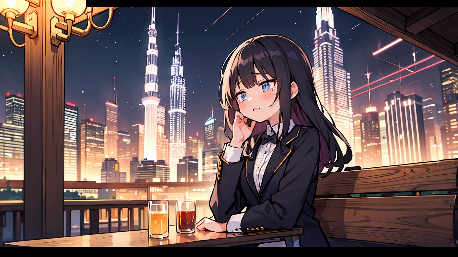 (masterpiece, best quality),1 woman,letterboxed, perfection of fashion,Burton lips, suit,upper body, side,park bench with lake,Sitting on a chair and crying,The sadness of heartbreak,Shedding tears,Night view of Dubai Tower, Full of neon signs