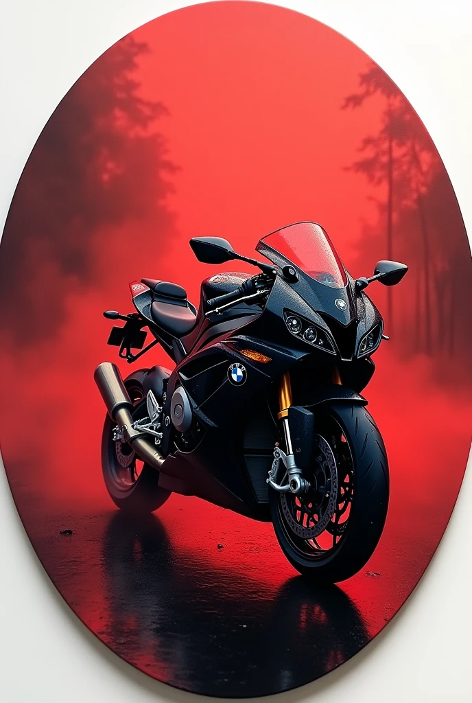 s1000rr painting black and from side
 and realistic on a circle 10x10 canvas with  layers of red fog in background and bmw logo and rainy road 