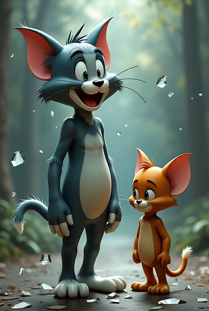 Tom, standing straight pose looking straight, but totally broken in pieces like broken mirror, he's smiling & very happy to his life & Jerry stand next to him, straight pose looking straight, & he's perfectly fine but sad face, extremely detailed in broken tom like a broken mirror, extremely detailed in tom Happy face, extremely detailed in Jerry sad face, extremely detailed in Jerry body perfectly fine, extremely detailed in tom broken body