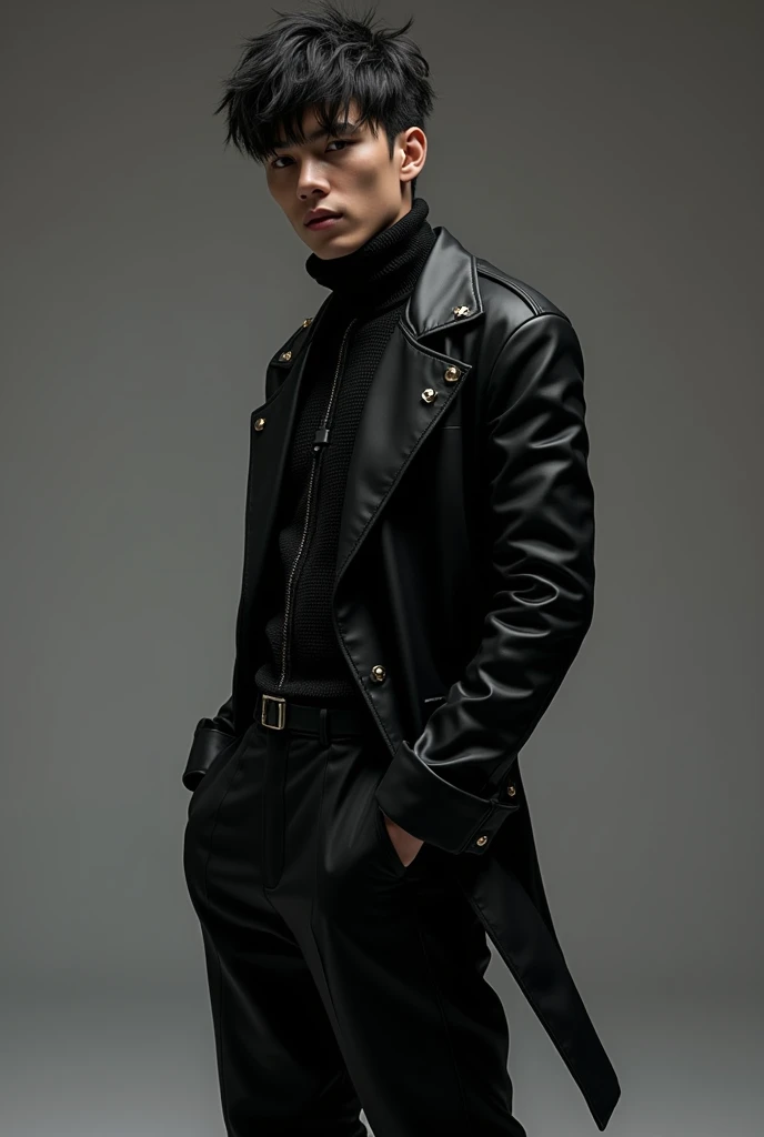 Je voudrais créer un look techno, underground, avec des tissus comme du mesh et du satin. Plutôt dans les tons noirs. Le but est que le look soit à la fois avant garde, epuré, chic et un peu destroy.

J'aime bien l'idée d'un haut en mesh près du corps mais je voudrais que le bas, un pantalon soit ample, large permettant une certaine liberté de mouvement. J'aime le contraste entre de la fluidité et du près du corps en première peau.  Peux tu également rajouter quelque touche d'objet métallisé ou pailleté

C'est beaucoup mieux, j'aime bien ce look plus confortable et effortless. En revanche le pantalon n'est pas assez élégant. Peux tu garder son ampleur mais dans une matière plus fluide peut être brillante quelque chose qui puisse avoir des jeux de lumières. Le look doit être pour un homme plutôt mince légèrement dessiner au niveau des muscles. Avec la tenue en mesh du dessus mais en valeur les parties sensuel de son corps.
Je ne veux pas que le pantalon soit en molleton ou en faux cuir. Je préférais une matière avec un tombé plus fluide comme du crêpe de viscose ou satin ou de la mousseline. Reste dans un tombé voluptueux et fluide. L'homme doit être plus mince. Son haut est beau mais manque d'ornement. Rajoute un aspect plus mystique au haut.
