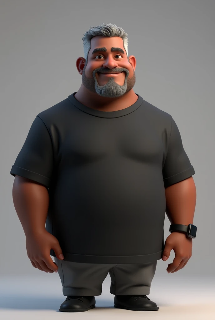 Create a stylized 3D cartoon character of a middle-aged black man with very short hair, wearing modern black glasses. The character should have a broad build but without a belly or muscular physique, and a friendly expression, but not smiling. His skin tone is dark brown with a warm undertone. The man has only two prominent vertical wrinkles on his forehead between his eyebrows. His beard is trimmed and sparse, with more white hairs on the chin and the rest being dark gray. His hair is gray, extremely short on top, styled to the right side, and shaved on the sides. The man has hairy arms and does not wear any accessories or jewelry, except for a black smartwatch. He is looking directly at the camera, not cross-eyed, and not smiling. The man is dressed in an oversized black t-shirt and dark gray pants without a belt. The character should be rendered in a stylized, animation-style, with a Pixar-like quality, using Arnold Maya render or toon Keyshot render. The rendering should be high quality, with cinematic lighting, sharp focus, detailed textures, detailed skin, clay-like finish, and bokeh effects in 8K resolution