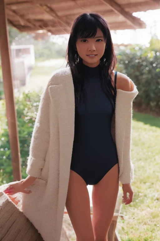 1girl, beautiful woman, white one-piece swimsuit, skinny, perfect body, defined abs, gold hair, standing in rainy night pool room, wet body glistening, ultra-detailed face, beautiful eyes, beautiful lips, double eyelids, shy smile, trimmed bangs, sun-kissed skin, hint of pubic hair, (best quality, 8k, masterpiece:1.3), frontal and full-body shot, pussy line, front facing, open legs