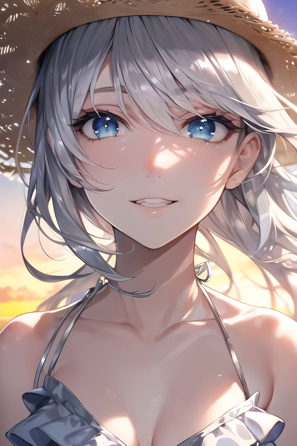 (Best quality,4K,8K,High resolution,Masterpiece:1.2),Super detailed,(Actual, Realistic),highly detailed, top quality, soft skin,Portrait,
break,
((Beautiful clear blue eyes:1.2)),very kind eyes,eyes wide open,beautiful eyelashes,beautiful lower eyelashes,
break,
((Beautiful and shiny silver hair:1.3)),A dazzling smile, a bursting smile, an open mouth laugh,
break,
flowered straw hat,((Frilled Bikini)),
break,
(beach), (sunset), evening, masterpiece,perfect lighting, perfect outfit, perfect anatomy, perfect eyes, perfect face, clear resolution, (close-up of face)