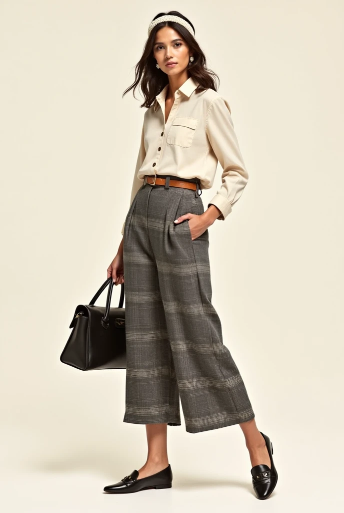 . Classic and Preppy
   Top: Collared shirt or a fitted sweater.
   Bottom: Plaid skirt or tailored pants.
   Shoes: Loafers or ballet flats.
   Accessories: A headband, pearl earrings, and a structured handbag.