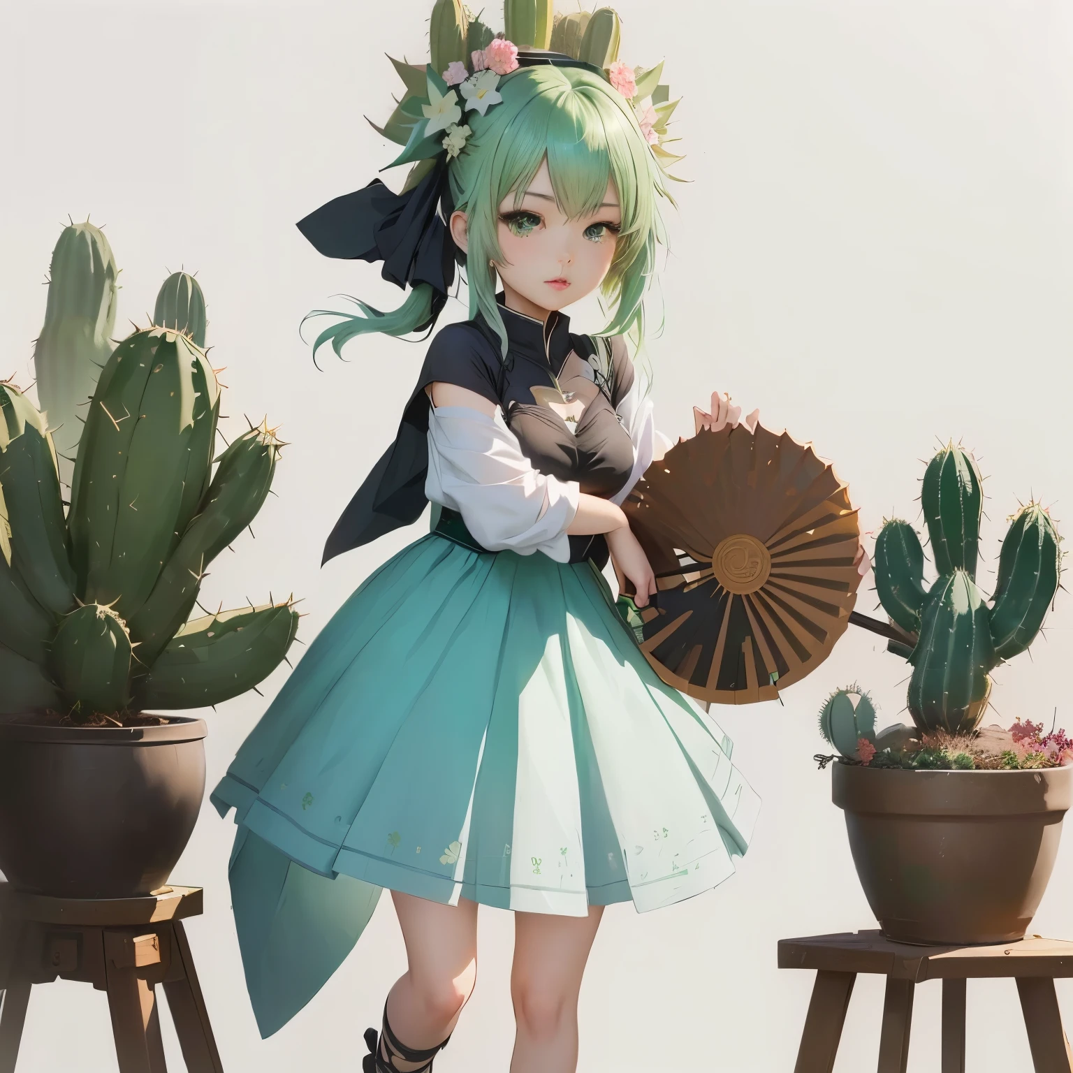 anime girl with green hair holding a fan and a cactus, guweiz on pixiv artstation, guweiz on artstation pixiv, guweiz, in dress, artwork in the style of guweiz, cute anime waifu in a nice dress, , render of april, trending on artstation pixiv