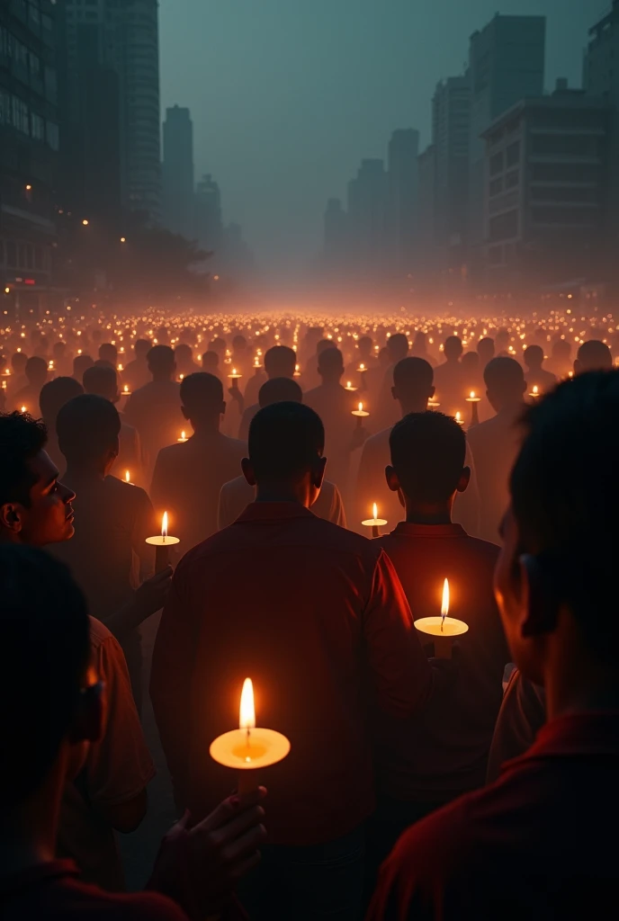 People in bangladesh holding burning candles for martyrs to show sympathy but the environment satanic . 4k , hd