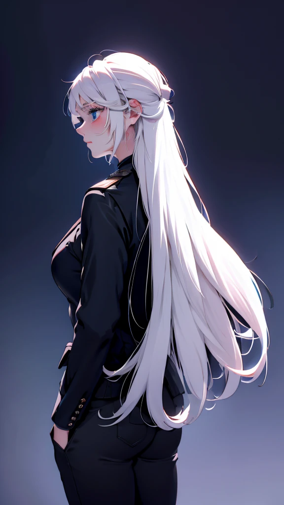1 Girl, medium light white hair, light blue eyes, wearing Black Suit 4D , night club TOWN , high res, ultrasharp, 8K, masterpiece, looking from behind
