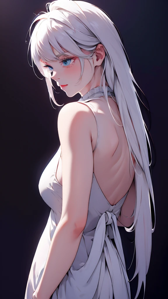 1 Girl, medium light white hair, light blue eyes, wearing Black Suit 4D , night club TOWN , high res, ultrasharp, 8K, masterpiece, looking from behind