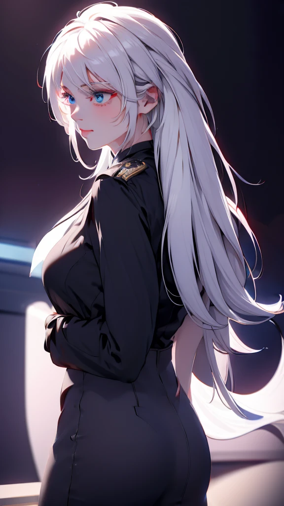 1 Girl, medium light white hair, light blue eyes, wearing Black Suit 4D , night club TOWN , high res, ultrasharp, 8K, masterpiece, looking from behind