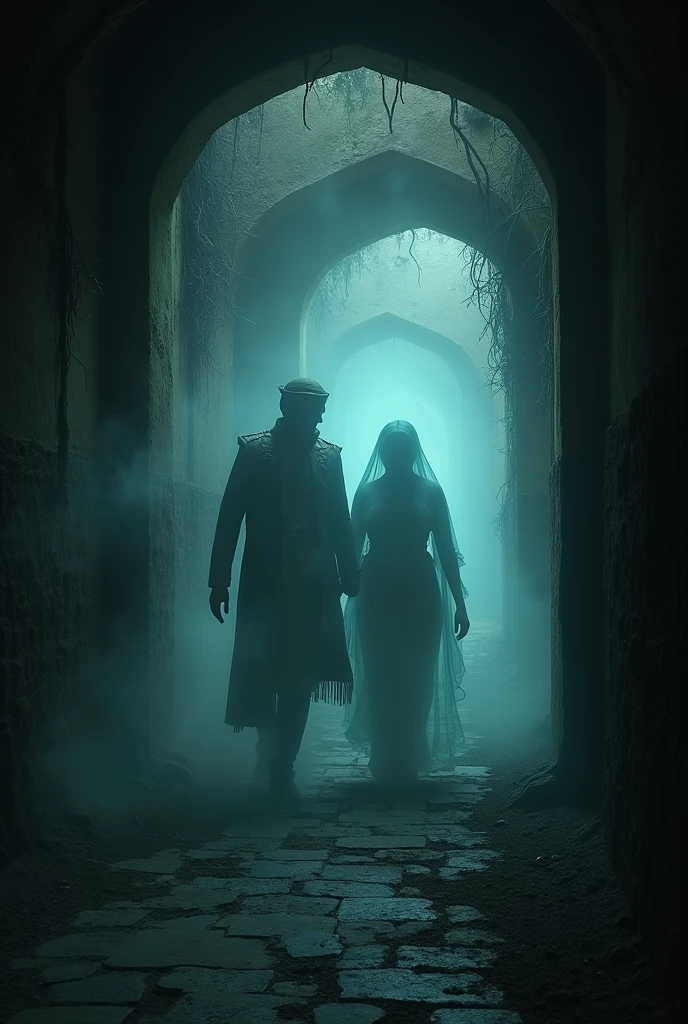 7. **Bhool Bhoolaiya Bhut Preet:**
- *Prompt*: "A haunting scene inside the deserted fort, with ghostly apparitions of Maharaja Vikram Singh and Rani Champavati wandering through the dark, narrow corridors. The walls are covered in vines and the atmosphere is filled with an eerie, cold mist."