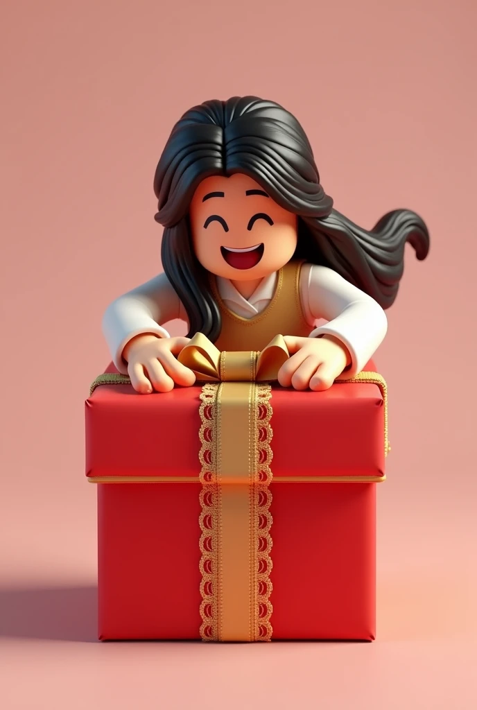 Roblox avatar opening a present, red present with yellow lace