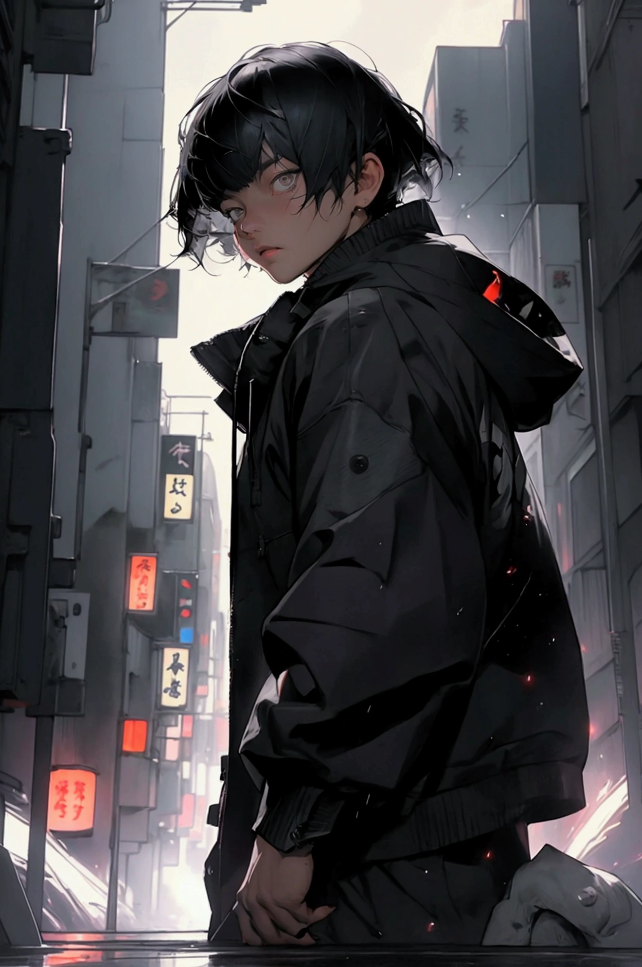 a moon, Best Quality, More details, masutepiece, (Whole body) , 1boy, kaneki ken, Portrait, Standing in the middle of the street,  Night, Male Focus,  Eyes, Solo, Bangs, Looking at Viewer, hoods, Short hair, Rain, Tokyo Tokyo \(city\),  Hood Up, nail polish, Black hair, Luxurious, 8K, Detailed, Ray tracing, depth of fields, Cinematic lighting,