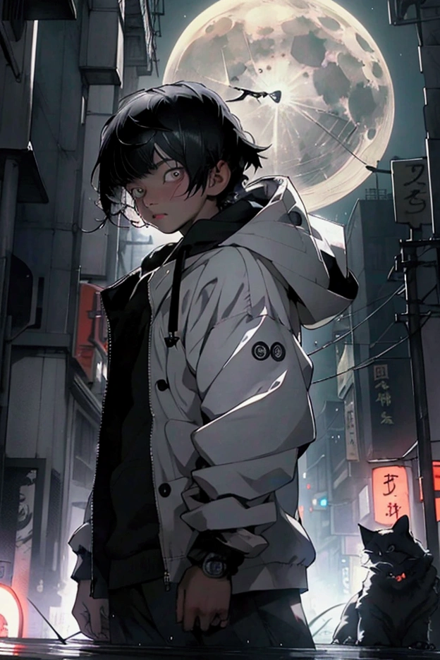 a moon, Best Quality, More details, masutepiece, (Whole body) , 1boy, kaneki ken, Portrait, Standing in the middle of the street, Night, Male Focus, Eyes, Solo, Bangs, Looking at Viewer, hoods, Short hair, Rain, Tokyo Tokyo \(city\), Hood Up, nail polish, Black hair, Luxurious, 8K, Detailed, Ray tracing, depth of fields, Cinematic lighting,