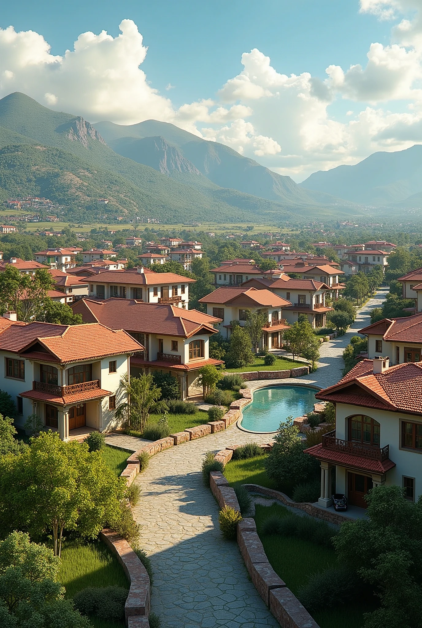  A render of the future development with houses,departments,Non-futuristic Peruvian buildings and green areas with panoramic views in horizontal format .