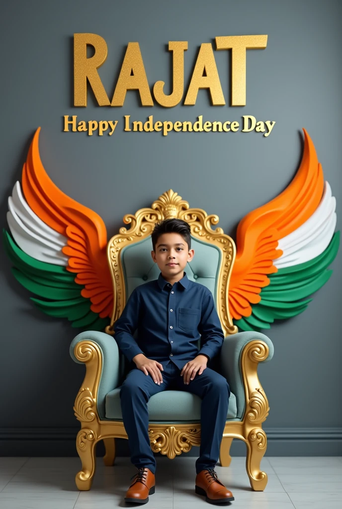 Create realistic illusion image A boy is sitting on a king chair with indian tricolor wings and behind him the color of the wall is gray on which "RAJAT' is written in golden. and also written " Happy Independence Day" in clear letter written on small size on bottom