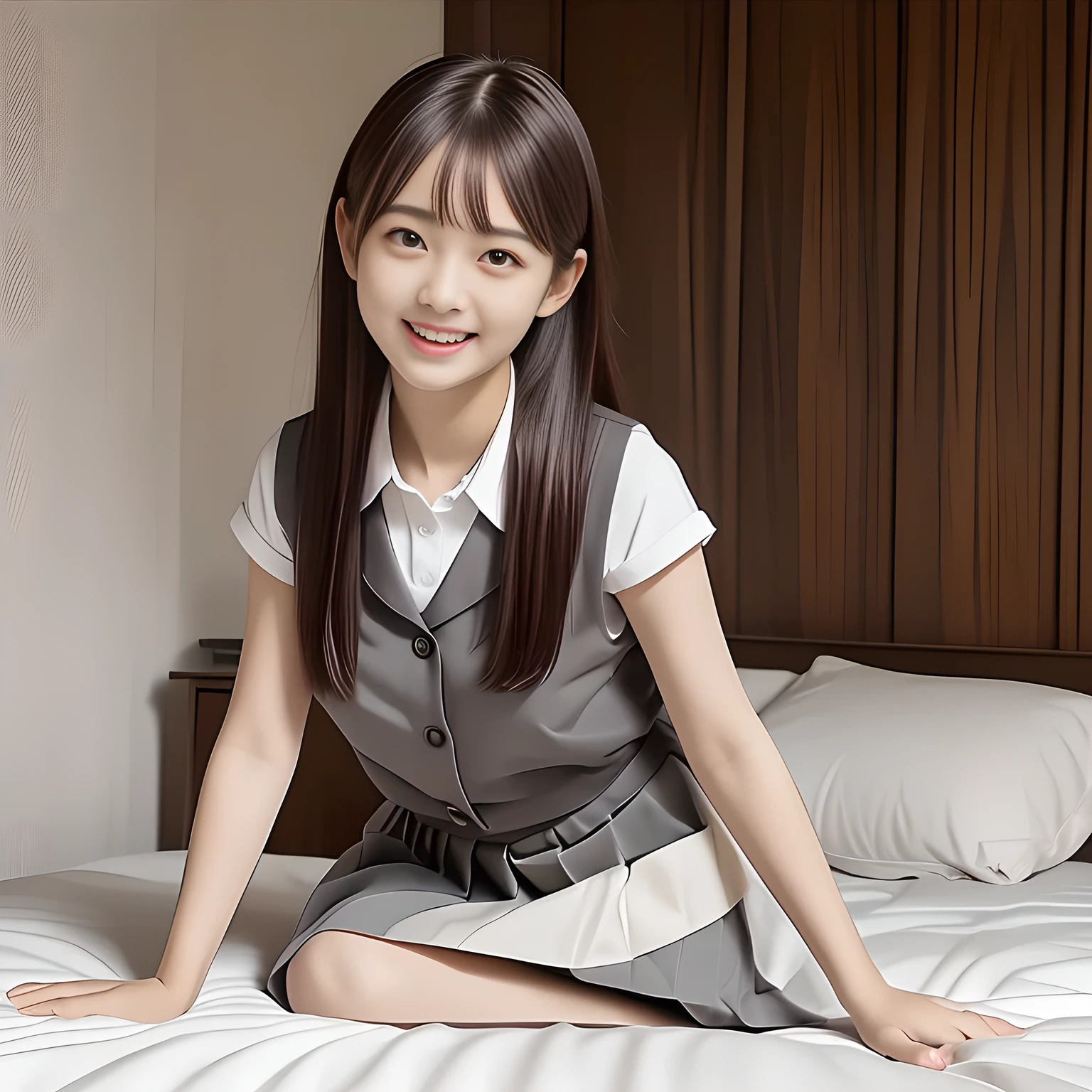 (((​masterpiece))),  (One beautiful Japan girl, classmates, Innocence，kawaii) ，超A high resolution, Realistic, ultra-detailliert, 8K,top-quality, Extremely detailed, Detailed background,A slender,very beautiful japanese girl, Detailed face:1.3), (a short bob，A dark-haired :1.4), (a ，kawaii系,adorable 14 year oPerfect body:1.1),  (Brown blazer, Light brown pleated mini skirt), smiling mischievously,Show your beautiful teeth,Super Detailed Face、Detailed lips、A detailed eye、Petite gravure idol，Transparent skin、Lori，Japanese high school uniform with the school emblem on the chest，high-definition RAW color photography, professional photograpy, Extremely detailed,, amazing, finely detail, extremely detailed fingers, highly detailed nose, highly detail mouth,  (bed), ((Full body shot)), Sitting on the bed，Focus on the buttocks，Perfect Anatomy, Photorealsitic,Photography, Perfect Skin, Warm air，(beautiful thigh，Perfect feet with no discomfort)，Expectations and anxieties，Sitting with your legs，sexy  pose,Show me a glimpse of your white panties，Gorgeous hotel rooms，电影灯光