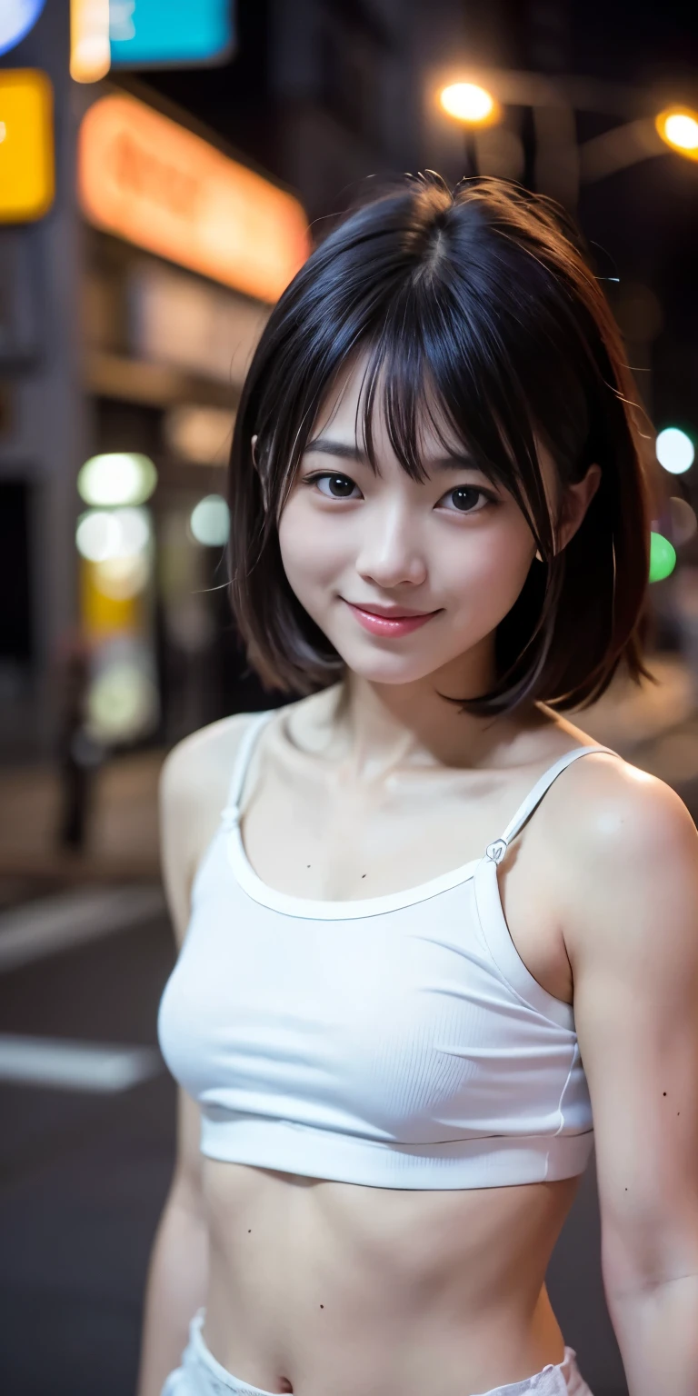 1 person, Tokyo Street,night, Streetscape,City lights,Upper Body,close,smile,, (8k, RAW Photos, Highest quality, masterpiece:1.2),(Realistic, photo-Realistic:1.37),