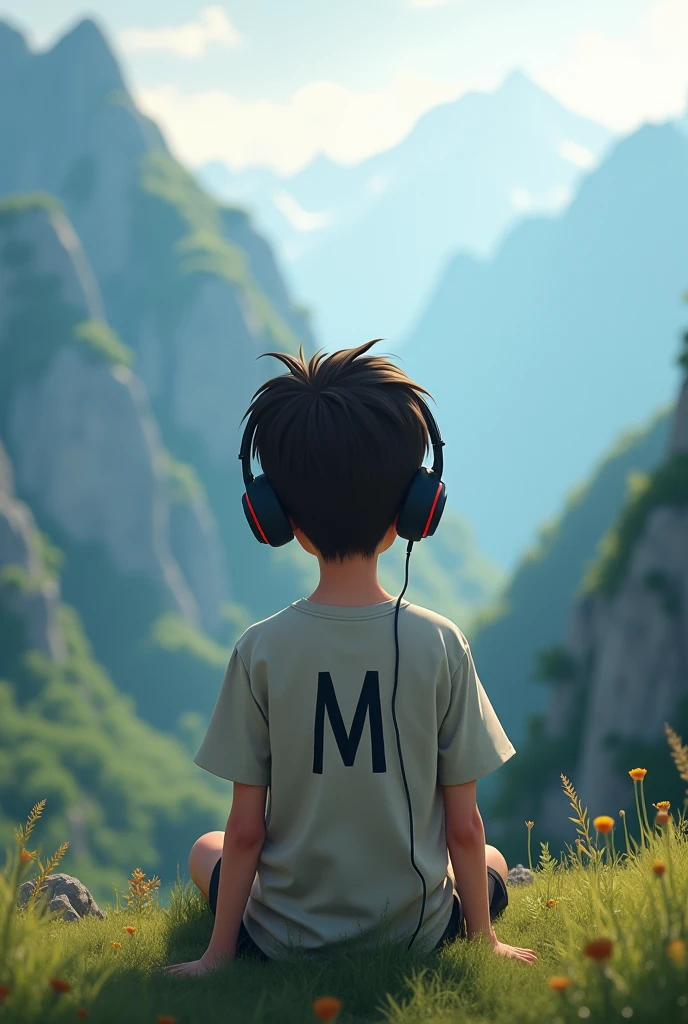 Alone boy , listening song , using headphones, on the mountain, beautiful background, wearing t shirt printed M letter
