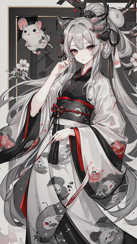 chinchilla,gray long hair,Black eyes,Gray Hanfu with rat pattern decoration