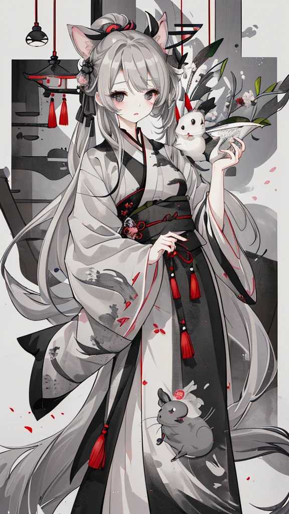 chinchilla，gray long hair，Black eyes，Gray Hanfu with rat pattern decoration