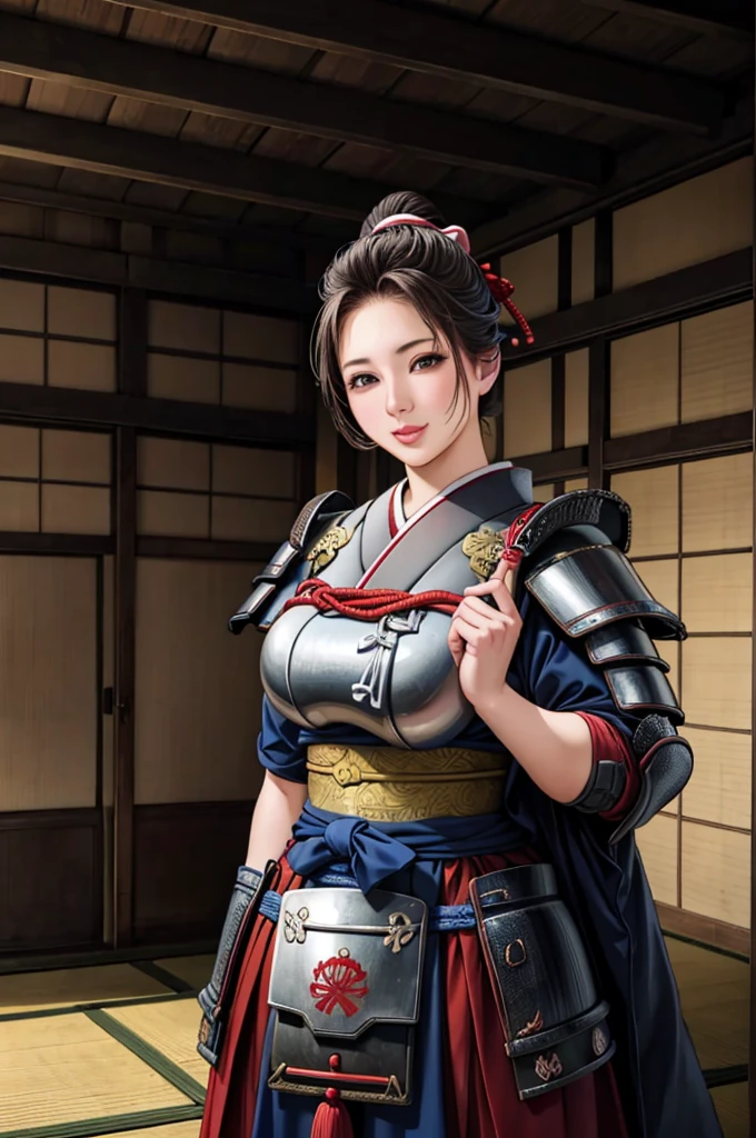 (Browsing Caution), (RAW Photos), (Realistic), (Photorealistic), Ultra-high resolution, masterpiece, Highest quality, Portraiture, facial Portraiture, Perfect lighting, Detailed lighting, Dramatic Shadows, Ray Tracing, Pure Eros Face_v1, Urzan-6500-v1.1, ((gentle smile)), ((upper body:1.2)), ((random standing pose)), looking at viewer, ((wearing a samurai armor)), ((in old Japanese castle)), ((background with samurai:1.2)),