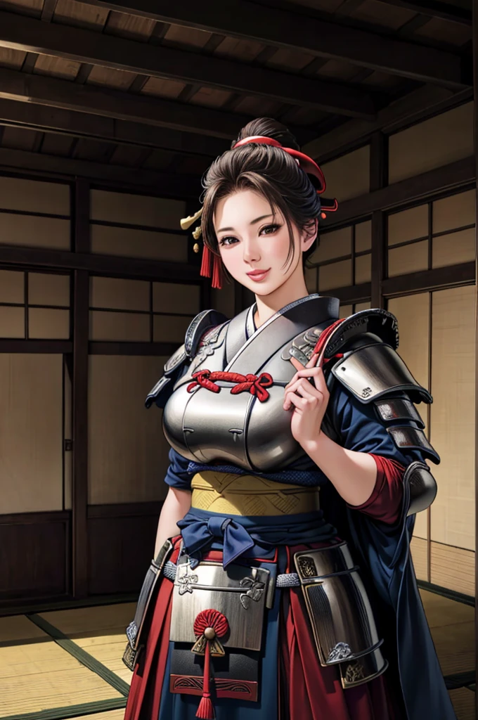 (Browsing Caution), (RAW Photos), (Realistic), (Photorealistic), Ultra-high resolution, masterpiece, Highest quality, Portraiture, facial Portraiture, Perfect lighting, Detailed lighting, Dramatic Shadows, Ray Tracing, Pure Eros Face_v1, Urzan-6500-v1.1, ((gentle smile)), ((upper body:1.2)), ((random standing pose)), looking at viewer, ((wearing a samurai armor)), ((in old Japanese castle)), ((background with samurai:1.2)),
