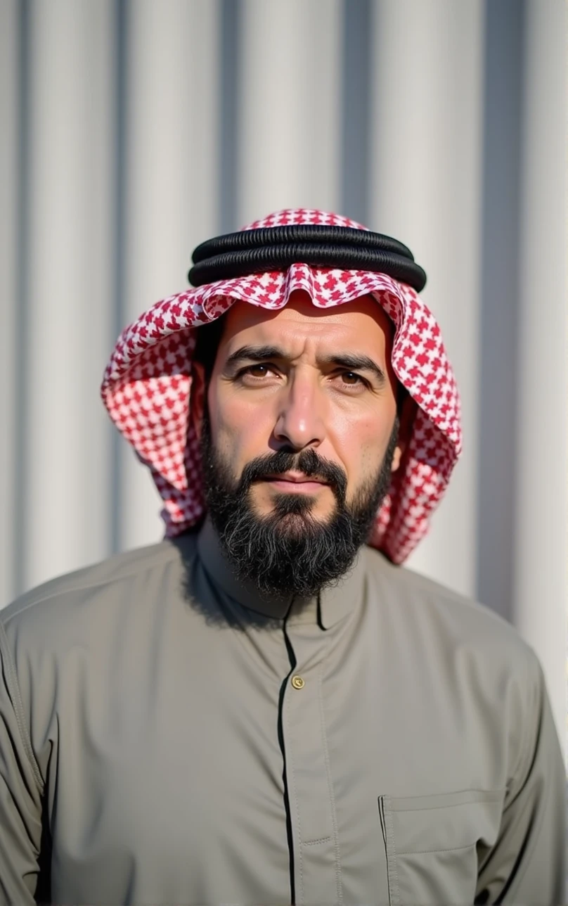 A man with a thick beard and piercing brown eyes, wearing a traditional thobe and a red and white keffiyeh, stands confidently against a backdrop of a white striped wall. His gaze is direct and unwavering, conveying a sense of strength and determination. 

[A portrait capturing the essence of strength and determination, reminiscent of the work of  Steve McCurry], [Soft, natural lighting, highlighting the textures of the man's clothing and the striped wall, with a blurred background, creating a sense of depth and focus on the subject. The colors are muted and earthy, evoking a sense of peace and tranquility.]