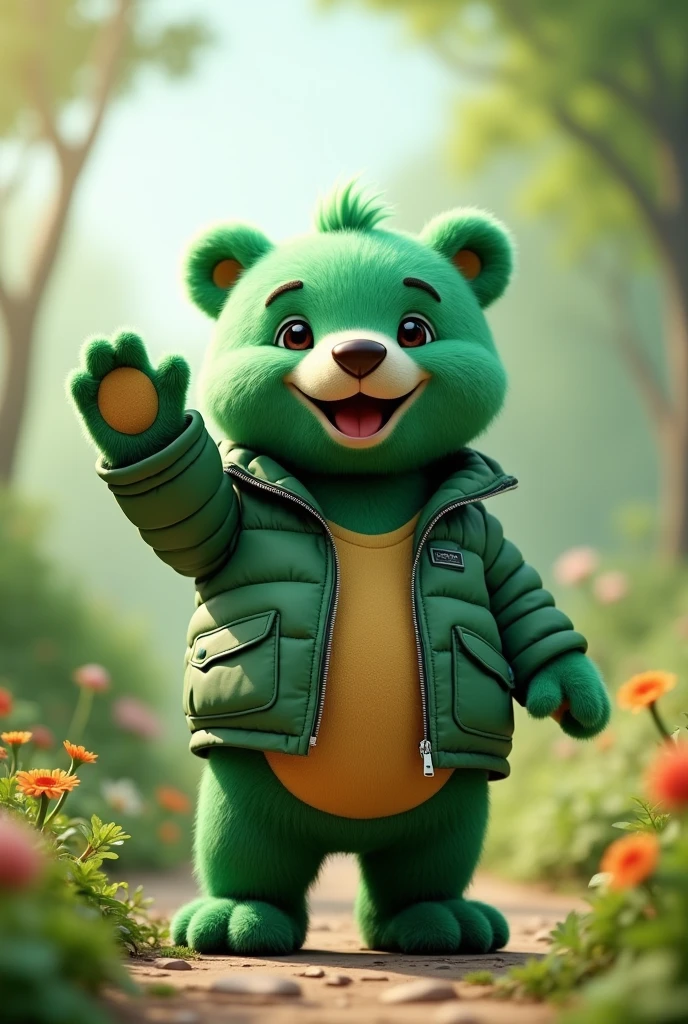 Create some images where a green jacket bear is waving
