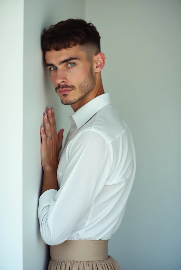 A white man, at 33 years old, with short hair, blue colored eyes, wearing a white shirt and a skirt, standing with hands against the white wall of a room against the wall with her back to the camera and looking at the camera with a sexy look