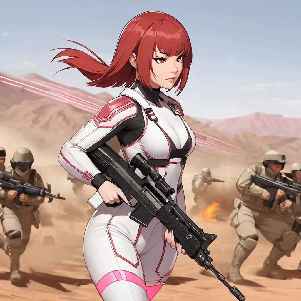 champions online. a red haired Asian female superhero. short hair, pale skin. she wears a white jumpsuit with (pink lines), knee highboots. she carries a high tech assault rifle. show her in a fire fight against a group of soldiers, Arizona desert background. side view
