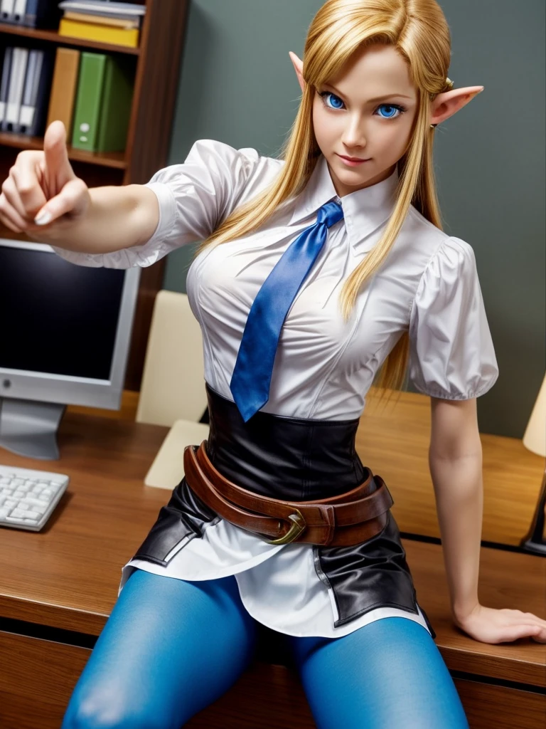 Zelda from the legend of zelda videogame sitting on a desk in an office, wearing a white blouse, wearing black tights, anatomically correct, beautiful face, beautiful natural breast, beautiful blue eyes, fit and slim body, holding her legs up and pointing her feet to the point of view