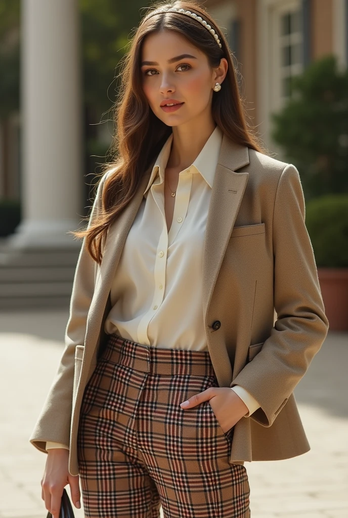 Jessica Henwick wearing a brown overcoat, white t-shirt, tight skirt and black tights.