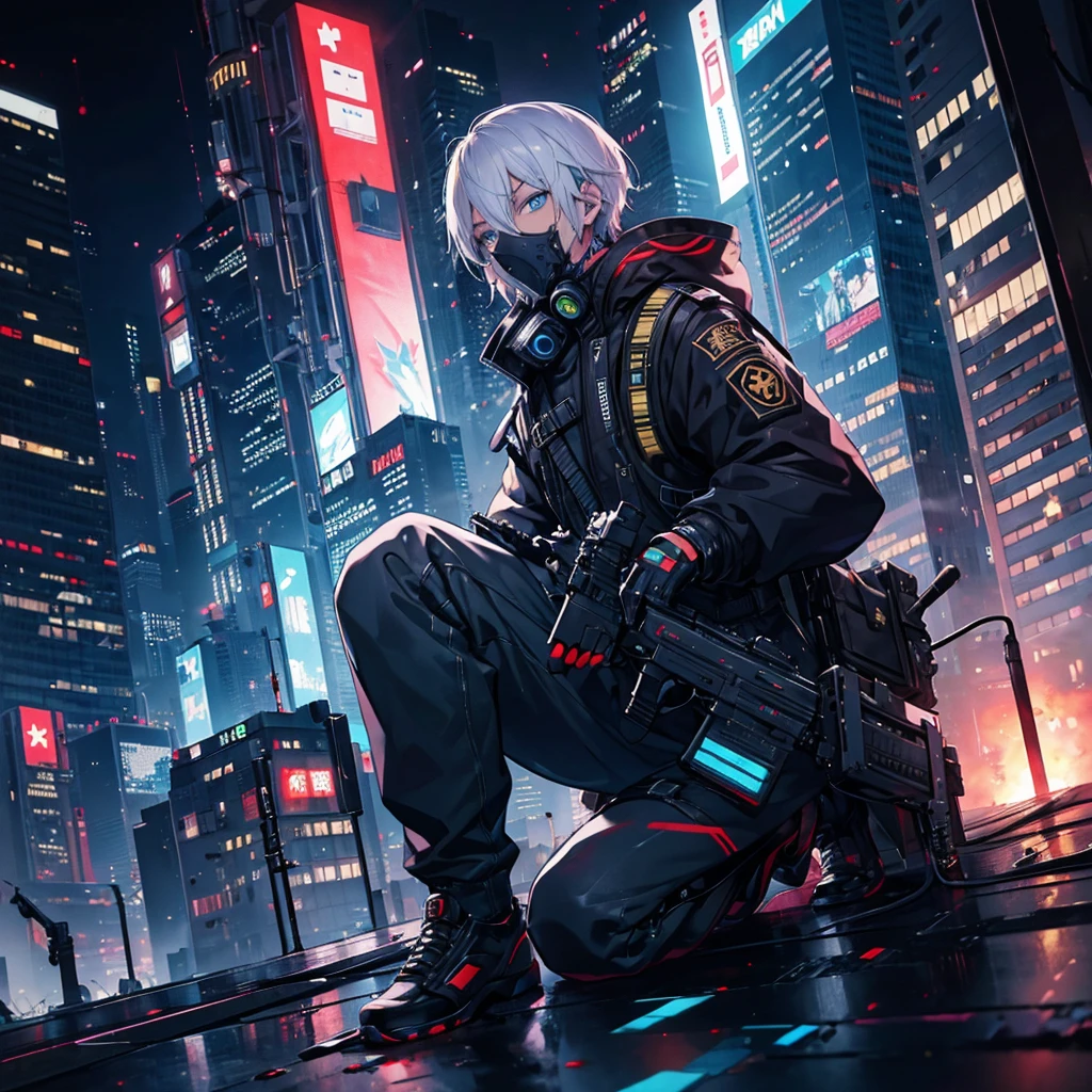 1 male,Adult,Blue eyes,Golden hair color,gas mask,Cyberpunk clothing,Late Night,Future City,Crouched on the edge of the rooftop with a gun,Calm expression,Muscular,tattoo